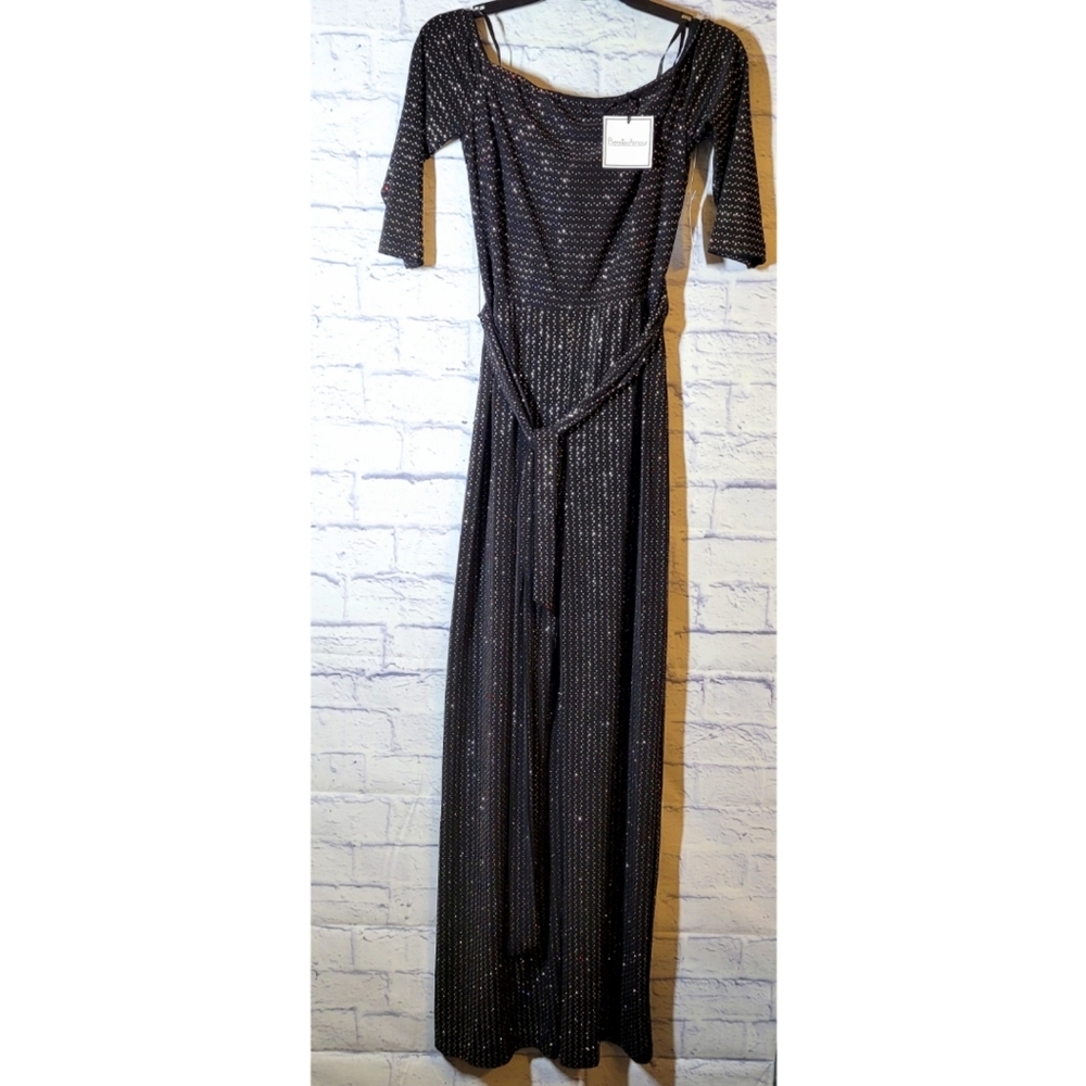 Premier Armour Black Glittery Short Sleeve Jumpsuit Size 2 Wide Leg Back Zip